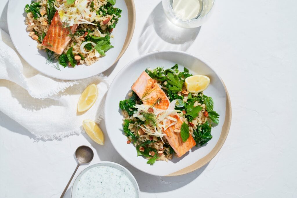 Baked salmon with brown rice and kale pilaf easter menu