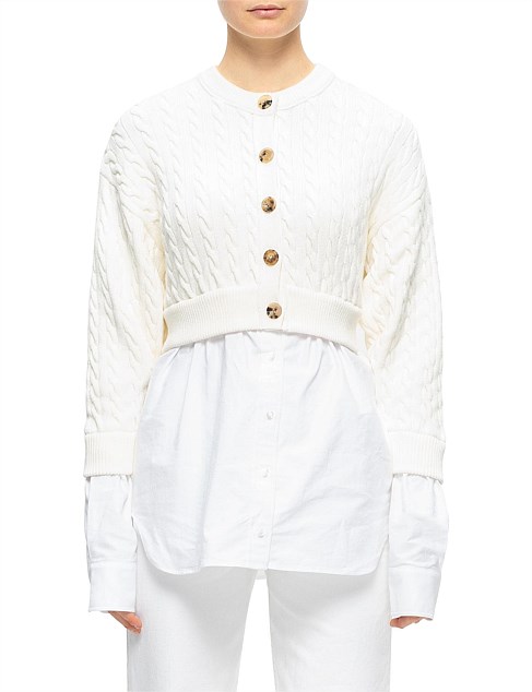 ALEXANDER WANG Bi-Layer newest Cable Cardigan With Oxford Shirting