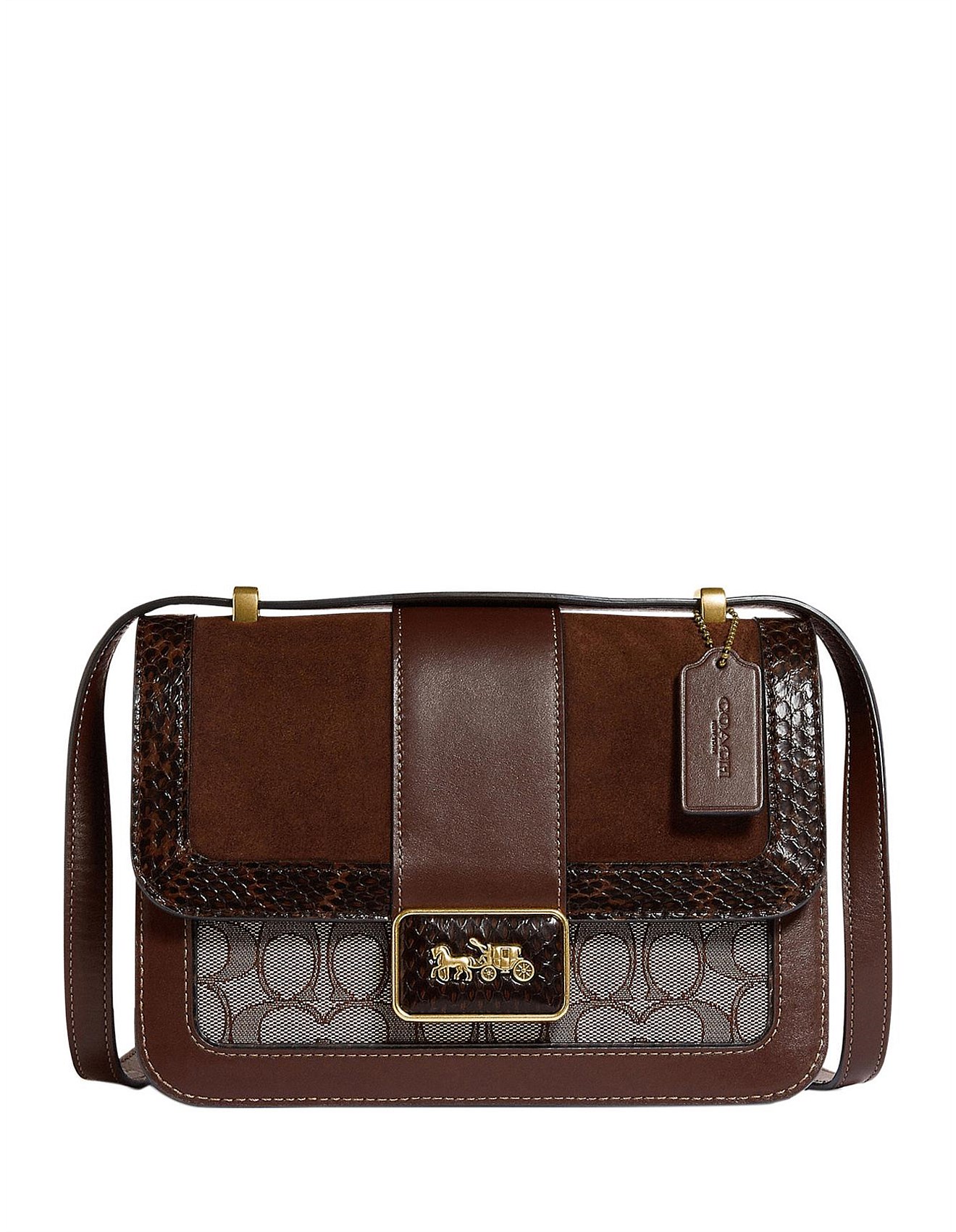 alie shoulder bag 18 in signature jacquard with snakeskin detail