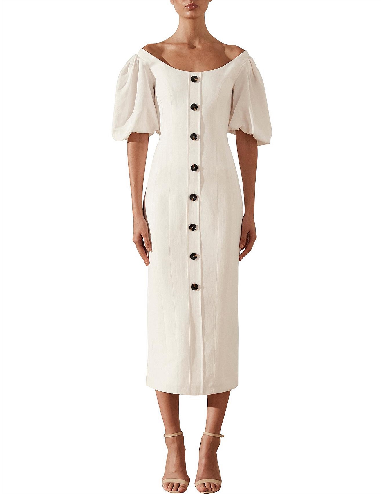 shona joy gaia linen fitted midi dress