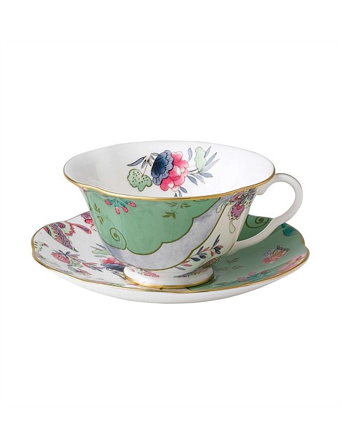 Butterfly Bloom Green Teacup and Saucer