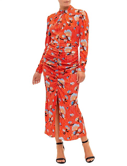 Botanical Printed Crepe L/S High neck Midi Dress