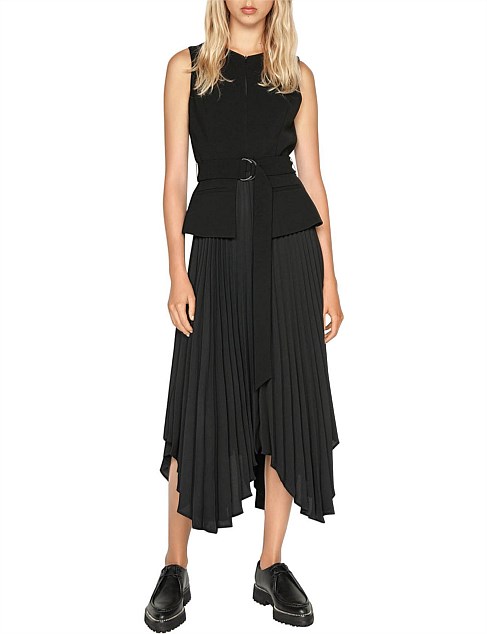 Pleated Asymmetric Hem Dress