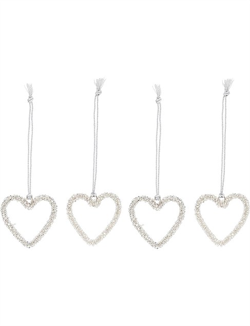 5CM SILVER GLASS BEADED HEART ORNAMENT SET OF 4