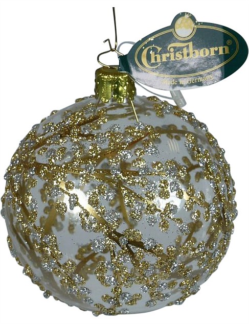 8CM HAND DECORATED SPOTTED BRANCHES ON CLEAR GLASS BAUBLE