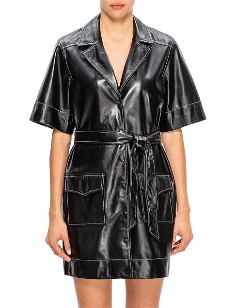 Black Lamb Leather Shirt Dress with Tie Waist and Pockets