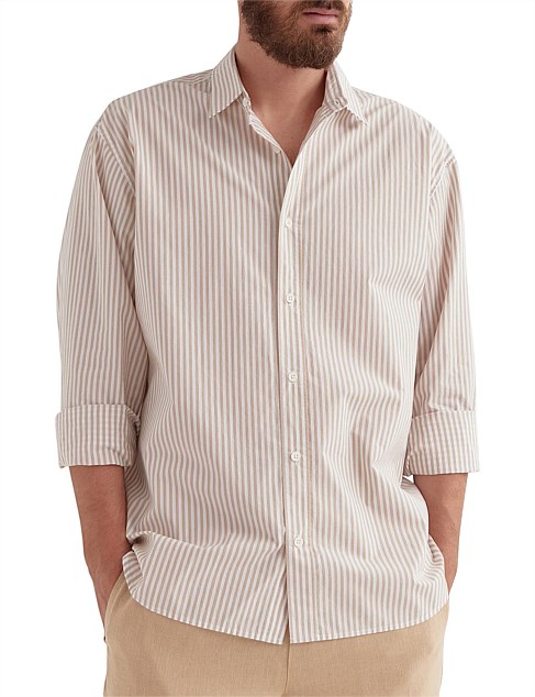 Rian Long Sleeve Poplin Shirt Almond Stripe