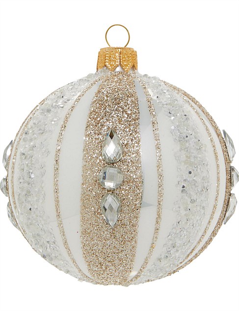 8CM GOLD GLITTER STRIPES AND GEMS ON WHITE GLASS BAUBLE