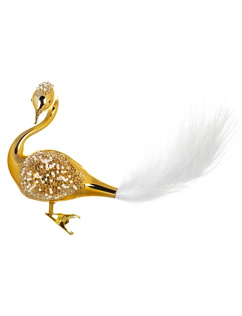 15CM GOLD WHITE BEAD & FEATHER TAIL EUROPEAN GLASS ORNAMENT