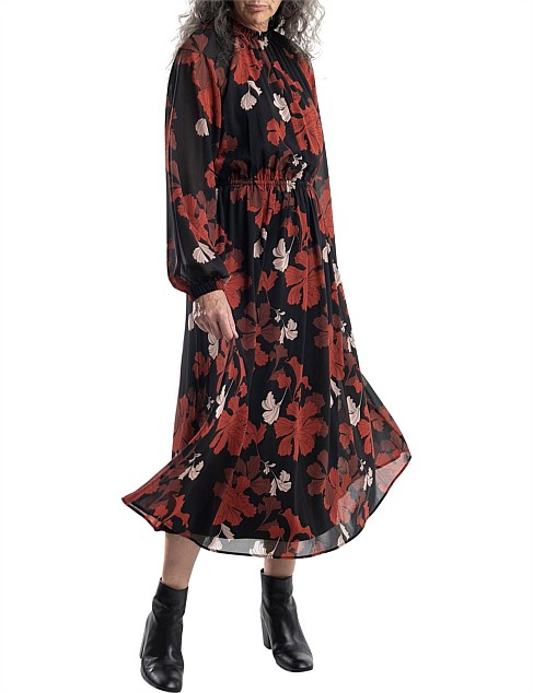 Long Sleeve Gather Neck Maxi Dress