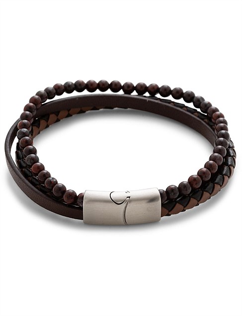 Stainless Steel Black+Brown Leather & Beaded Bracelet