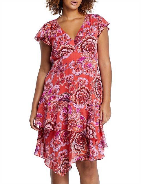 MORRIS PINK FLORAL PRINT ASYMMETRIC MIDI DRESS