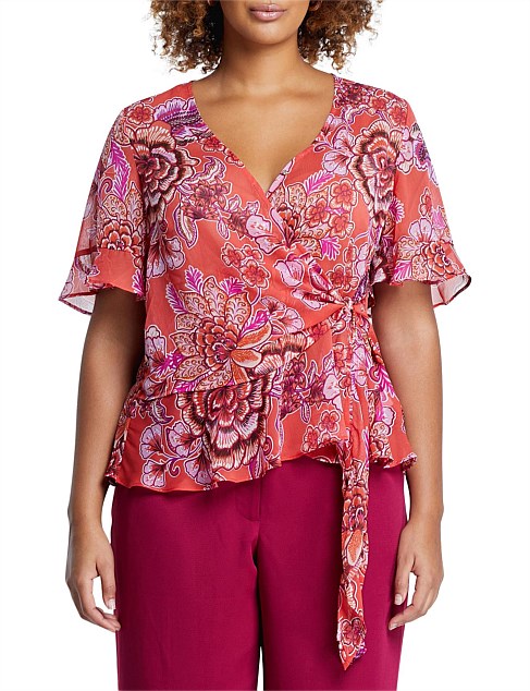 MORRIS PINK FLORAL PRINT WRAP TOP