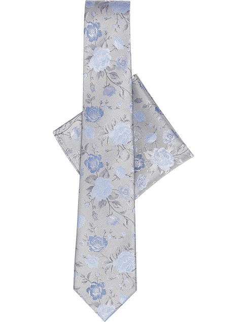 FLORAL TIE & POCKET SQUARE SET SKY/TOFFEE