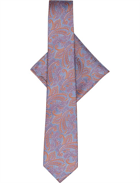 PAILSEY TIE & POCKET SQUARE SET BLUE/ORANGE