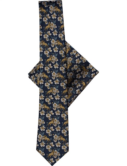 HORSE FLORAL TIE & POCKET SQUARE SET NAVY/YELLOW