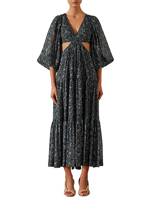 Denise Pintuck Cut Out Balloon Sleeve Midi Dress