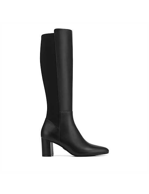 Karrie Black Leather Recycled Textile Block Heel Long Boot