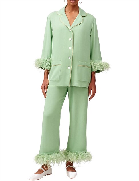 party long sleeve pant pajama set with detachable feathers