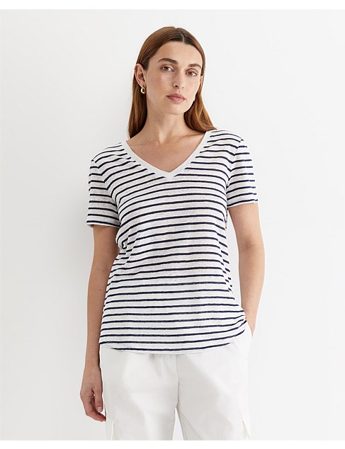 TONIA V-NECK STRIPE LINEN TEE