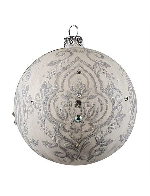 10CM SILVER DECO ON WHITE EUROPEAN GLASS BAUBLE