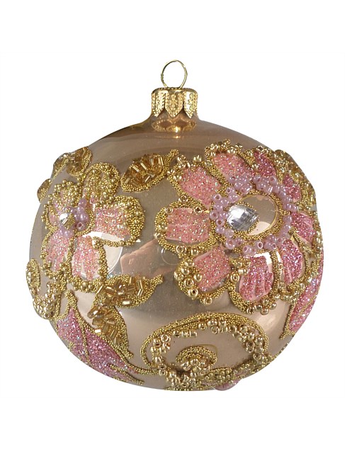 10CM BLUSH FLORA ON GOLD EUROPEAN GLASS BAUBLE