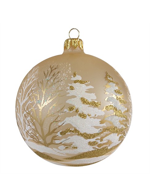 10CM WINTER SCENE ON GOLD OPAQUE EUROPEAN GLAS BAUBLE