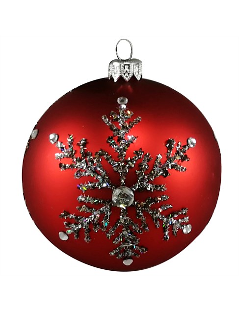 10CM GEM SNOWFLAKE ON RED EUROPEAN GLASS BAUBLE