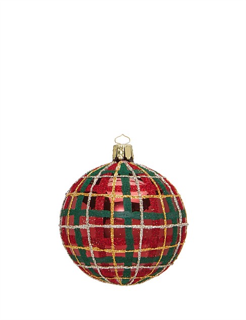 8 CM HAND DECORATED GLITTER TARTAN ON RED GLASS BAUBLE