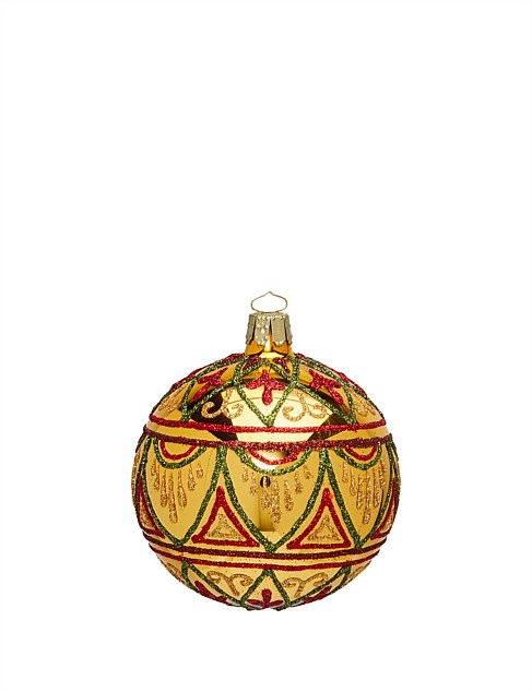 8CM HAND DECORATED RED GLITTER SWAG ON GOLD GLASS BAUBLE