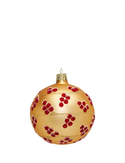 8CM HAND DECORATED RED BERRY ON GOLD GLASS BAUBLE