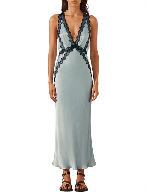 Camille Lace Plunged Cross Back Midi Dress