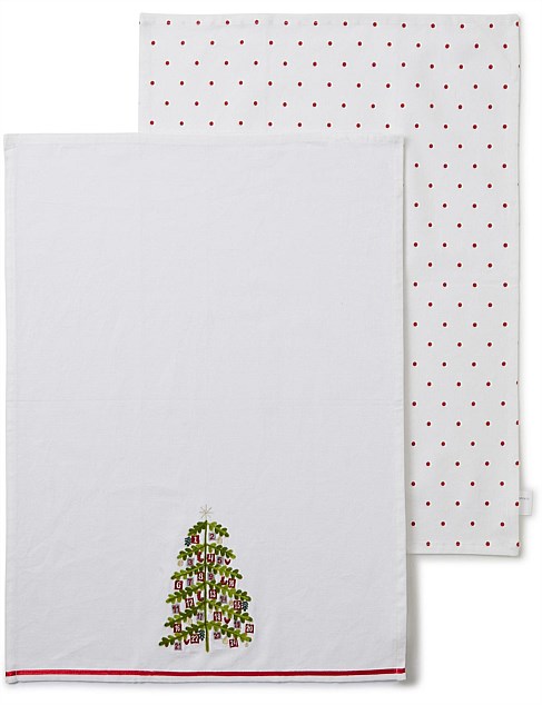 CHAMPAGNE GOLD EMBROIDERED CHRISTMAS TREE TEA TOWEL SET OF 2