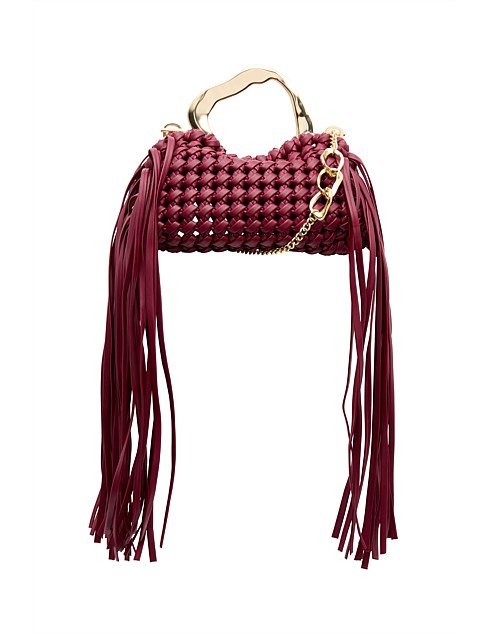 Weave Micro Fringe Frame Top Handle Bag