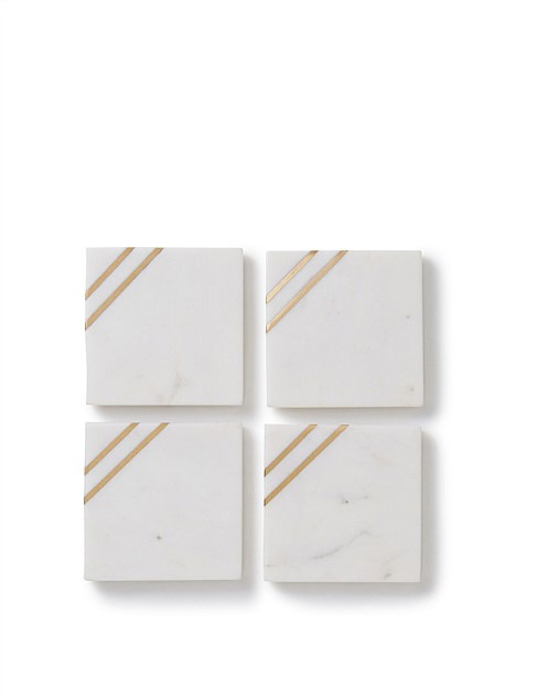 ALLAMBIE BRASS & WHITE MARBLE SQUARE COASTER SET of 4