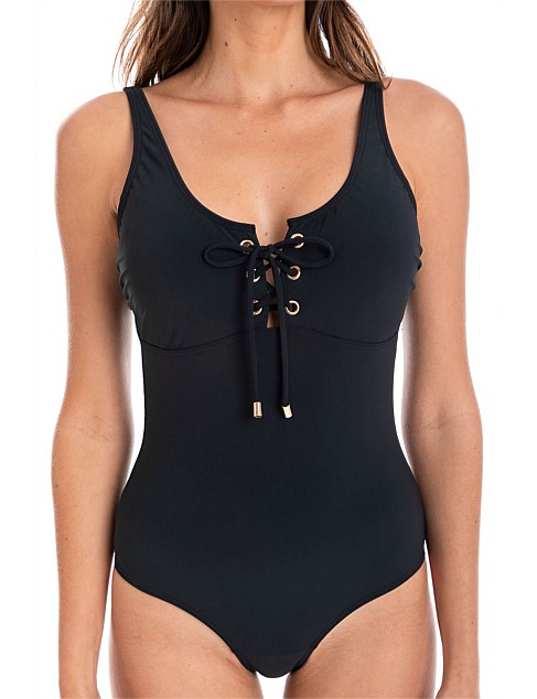 Black Solid Eyelet One Piece Swimsuit