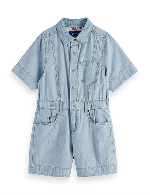 Lightweight washed chambray denim playsuit