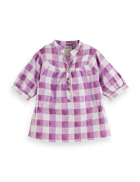 Printed check linen blend top