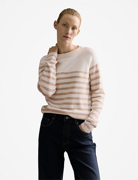 Cotton Cashmere Striped Knit Crew