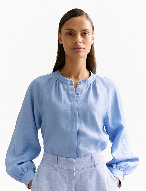 Linen Collarless Blouson Sleeve Blouse