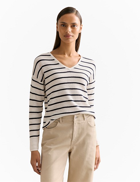 Cotton Linen Striped V Neck Knit