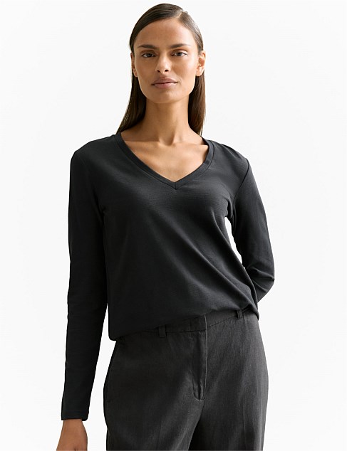 Cotton V Neck Long Sleeved T-shirt