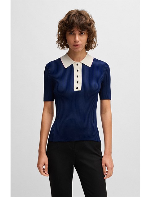 Ribbed-knit polo with polished-button placket