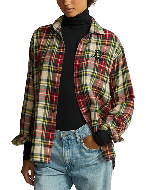 BEADED-LOGO PLAID COTTON TWILL SHIRT