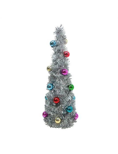 14CM SILVER TINSEL AND BAUBLES TREE TABLE DÉCOR