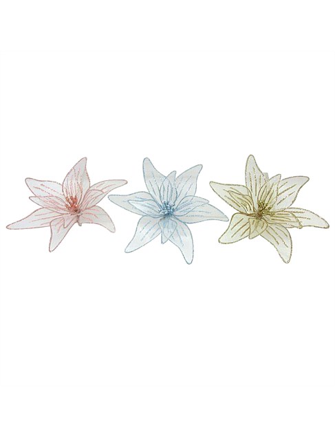 GLITTERED FLOWER CLIP ON ORNAMENT SET OF 3