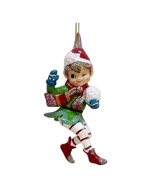 ELF WITH SNOWBALL RESIN ORNAMENT