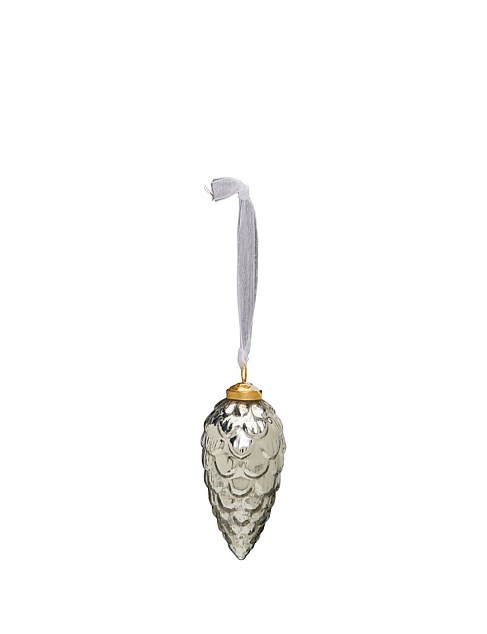 10CM ANTIQUED SILVER PINE CONE GLASS ORNAMENT