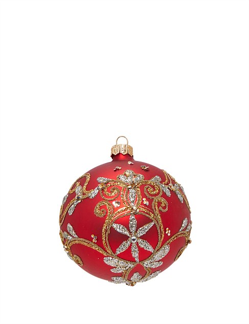 10CM GOLD FLORAL ON RED EUROPEAN GLASS BAUBLE