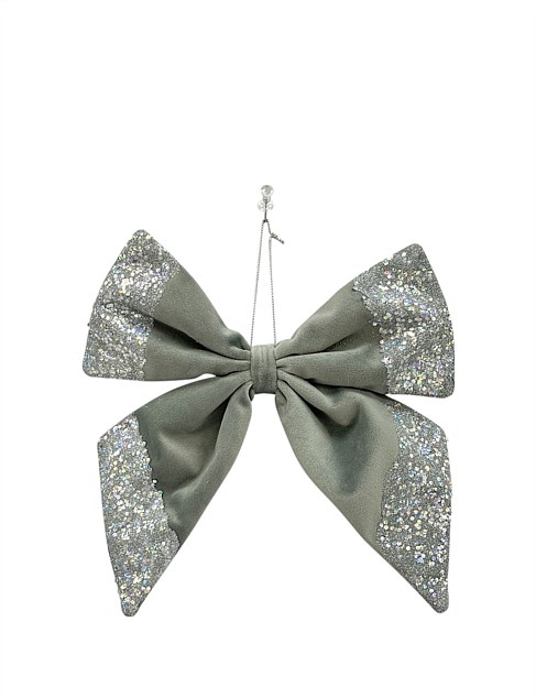 20CM GLITTERED SILVER FABRIC BOW ORNAMENT